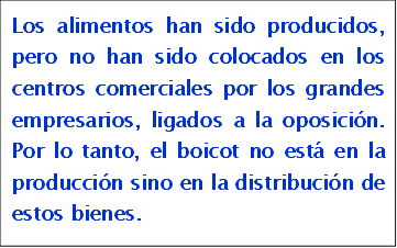 Los alimentos han sido produci-dos, pero no han sido colocados en los centros comerciales por los grandes empresarios, liga-dos a la oposici�n. Por lo tanto, el boicot no est� en la produc-ci�n sino en la distribuci�n de estos bienes.

